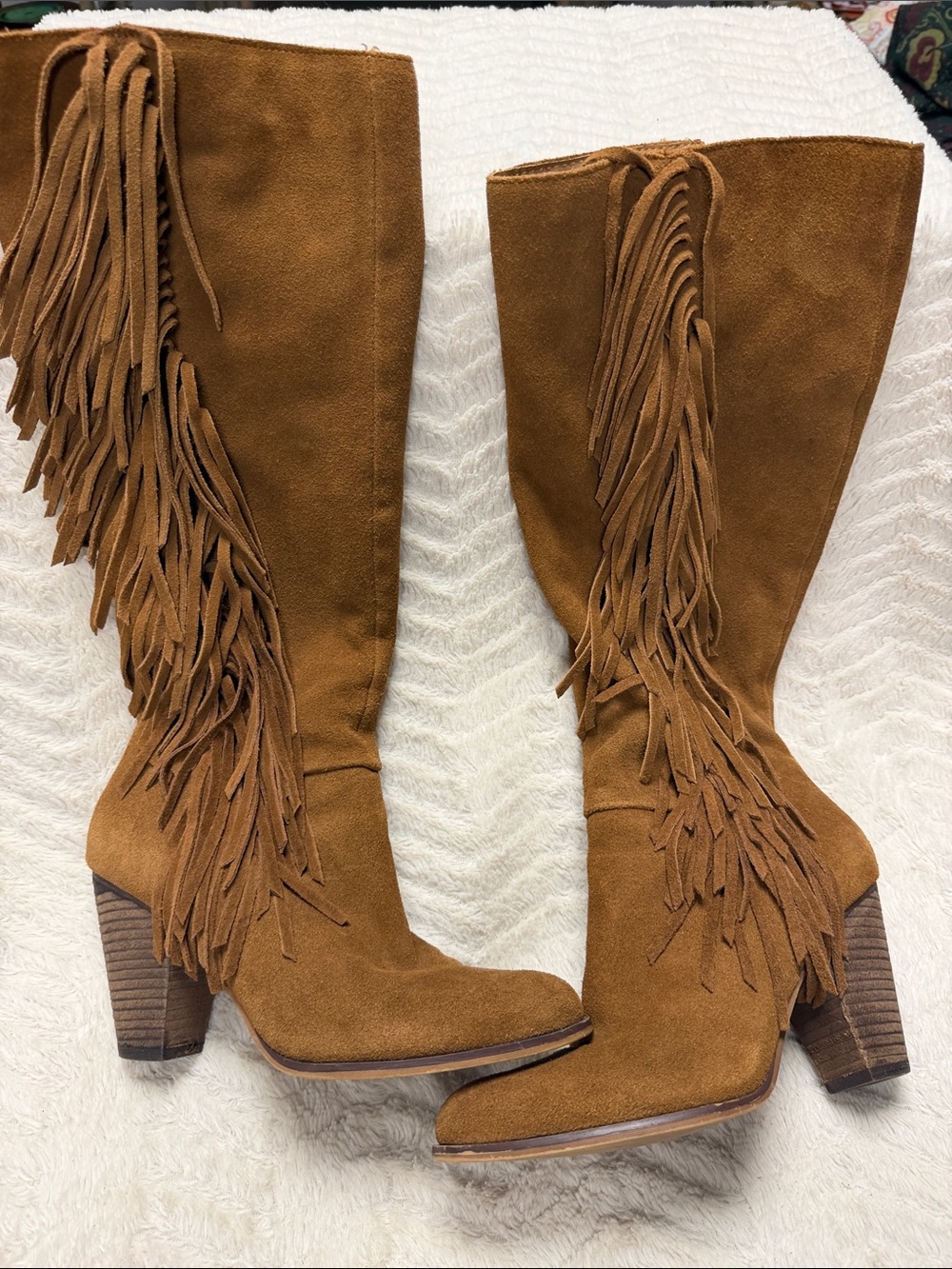 Steve Madden Calissa Tall Suede Fringe Stacked Heel Western Chestnut Boots 7.5 M
